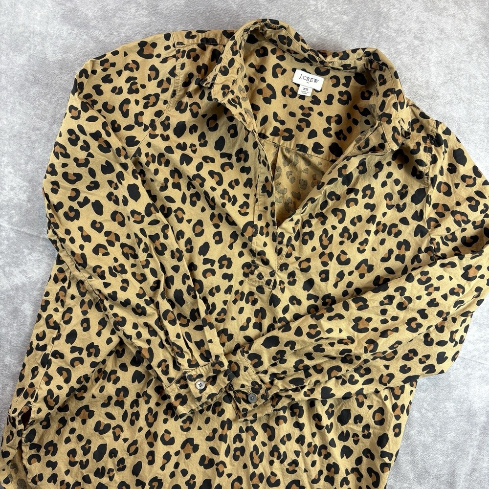 J Crew Tunic Blouse Womens XS Beige Animal All Over Print Cheetah Vintage Preppy